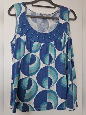 Boden Blue & Teal Circular Print Sleeveless Tank, 100% Cotton, Size 16